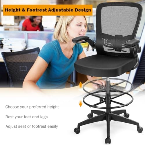 Giantex Drafting Chair High Back Office Chairs with Footrest Ring Flip-Up Armrest Height Adjustable Executive Desk Chair Ergonomic Mesh Computer Task Chair Lumbar Support Tall Office Chair (1, Black) 6
