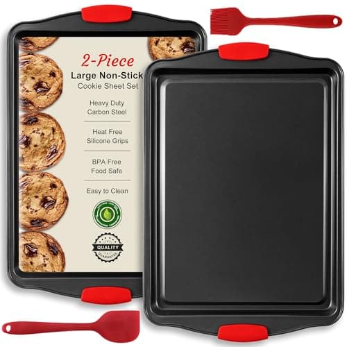 Baking Sheet Set, 2-Piece Cookie Sheet Set with Silicone Handles, Steel Baking Pans Set, Durable Baking Sheets for Oven, BPA Free Cookie Sheets for Baking Nonstick Set, Sheet Pan - Black Baking Tray