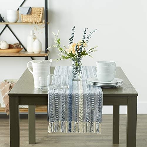 DII Farmhouse Braided Stripe Table Runner Collection, 15x72 (15x77, Fringe Included), Stonewash Blue 5