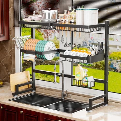adoymiro 3-Tier Over Sink Dish Draining Rack, Adjustable Width and Height, with Phone Holder, Cup Holder, Knife and Chopstick Holder, Cutting Board Rack, Space-Saving Rack 8