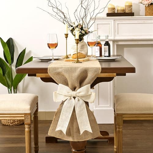 MelonBoat Farmhouse Table Runner: 72 Inch Bohemian Burlap Table Runner Collection, White Bow-Tied Boho Table Decor, Rustic Christmas Table Decoration for Xmas Home Decor Banquet Wedding Decor 7