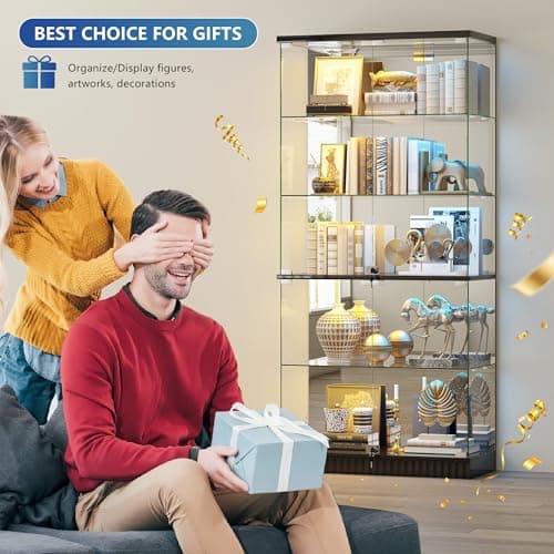 Glass Display Cabinet with RGB Lights - 5-Tiers Curio Cabinet Display Case with Lock, Frameless Tall Showcase Display Shelf for Collectibles & Legos, Living Room Bookcase Storage Cabinet (Black) 5