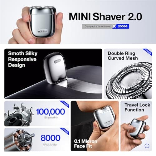 yoose Alloy Mini Shaver, Portable Electric Razor for Men, Waterproof, Dry Shave, Cordless 60 Mins Runtime, USB-C Rechargeable, Easy Cleaning Magnetic Detachable Head, Travel Shaver with Case, Silver 6