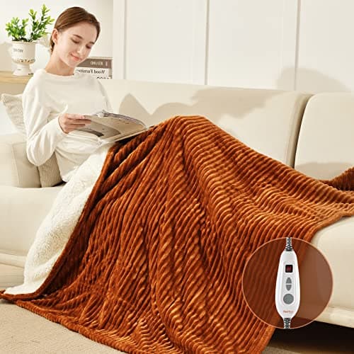[New Lanuch] Bearhug Electric Blanket Heated Throw, Ribbed Flannel / Sherpa 50"x60" Fast Heating Blanket, 5 Year Warranty, 6 Heating Levels & 4H Auto Off, Over Heat Protection, Machine Washable