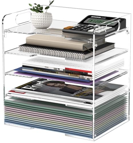 POCFOINY 5 Tier Paper Organizer for Desk, Acrylic Desk Organizer, Stackable Paper Tray Letter Tray, Acrylic File Organizer with Handles, Clear Paper Sorter for Home, Office Accessories Organization