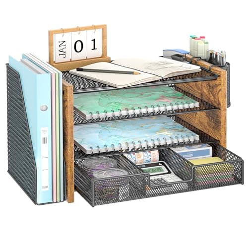 3IngSeagulls Wooden Desk Organizers and Accessories with File Holder, 4-Tier Paper File Organizer with Drawer & 2 Pen Holders, Office Desk Accessories, Desktop Organizer and Storage for Home Office 8
