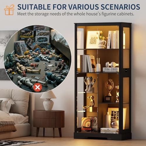 HNEBC 71'' Display Cabinet with 5-Tier and 3 Color Lights for Books Toys Liquor,Curio Cabinet with Human Body Bookcases for Bedroom, Living Room,Black 8