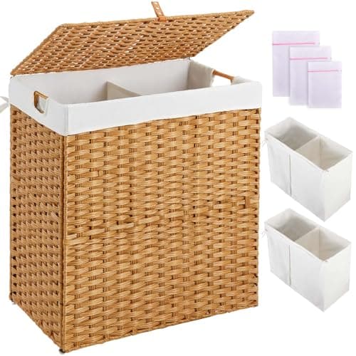 Greenstell Laundry Hamper with lid, No Install Needed, 110L Wicker Laundry Baskets Foldable 2 Removable Liner Bags, 2 Section Clothes Hamper Handwoven Rattan Laundry Basket with Handles, Natural