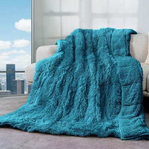 Cottonblue Weighted Blanket 15lbs, Sherpa Faux Fur Reversible Luxury Snugly Long Fur Warm Heavy Blanket 60x80 inches, Warm Plush Sherpa Weighted Blanket Queen Size for Couch Sofa Bed, Teal Green