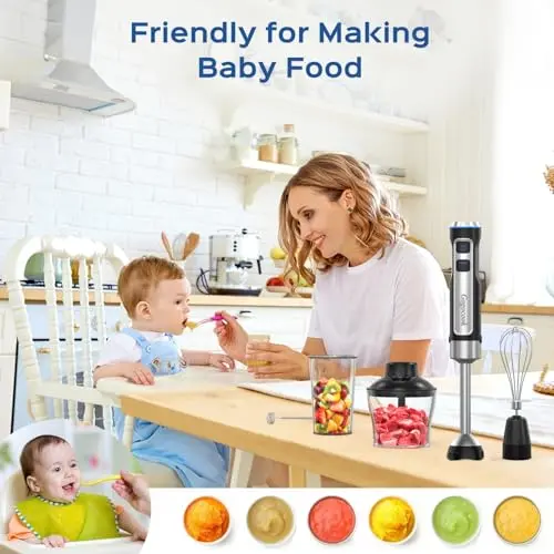 Immersion Blender 5 in 1 Hand Blender, Electric Blenders Max 1000W Heavy Duty Motor, 21 Speed & Turbo Mode Handheld Blender, Milk Frother, Egg Whisk, 800ml Beaker, 600ml Chopper Stainless Steel Blades 6