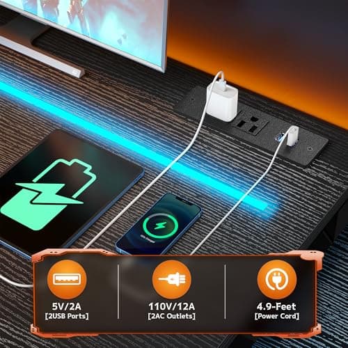 DurayLoly 56 Inch Gaming Desk with Drawers and Shelf,Reversible Computer Desk with LED Lights and Power Outlets,Study Table with Hooks for Headphone,Bags,Black Desk Work Desk for Bedroom,Dorm 5