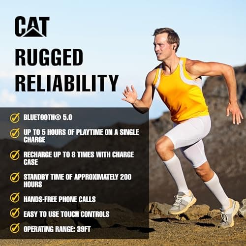 CAT Bluetooth Noise Canceling Ear Buds - Rugged Wireless Work Earbuds, Bluetooth Work Headphones, Dust Proof, Shock Proof, Water Resistant, Compatible with Apple, Android 6