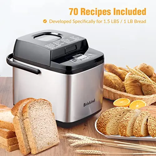 Briskind 19-in-1 Compact Bread Maker Machine, 1.5 lb / 1 lb Loaf Small Breadmaker with Carrying Handle, Including Gluten Free, Dough, Jam, Yogurt Menus, Bake Evenly, Automatic Keep Warm, 3 Crust Color 5