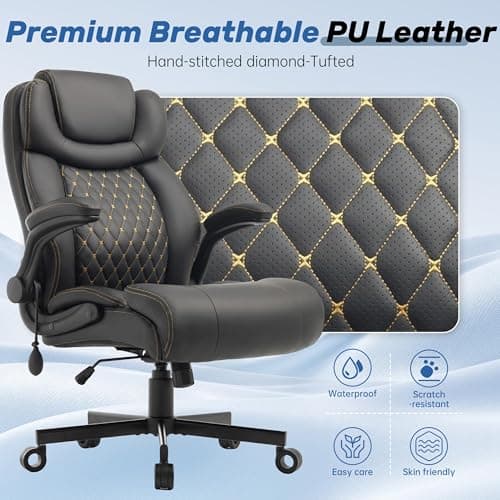 550LBS Big and Tall Office Chair, Comfy Heavy Duty Executive Chair with Adjustable Lumbar Support Double Spaces Casters, PU Leather Extra Wide Seat Ergonomic Computer Desk Chair for Back Pain, Black 7