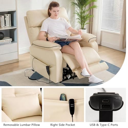 Dual Motor Power Lift Recliner Chair for Adult & Elderly, Infinite Position Lay Flat Lift Chair with Heat & Massage, Cup Holder, Lumbar Pillow, Wireless Charger, USB Ports, Leather (Beige) 7