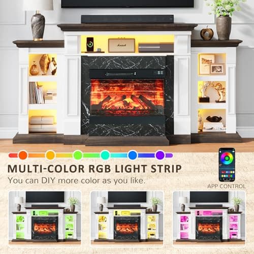 Naice 72" Electric Fireplace with Mantel and Cabinets, Fireplace TV Stand for TVs up to 80", LED Light & Power Outlet, 3-Side Glass Realistic Flame Insert Heater for Living Room Bedroom 5