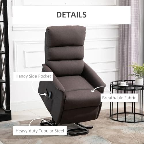 HOMCOM Power Lift Recliner Chair for Elderly, Easy Assembly, Fabric Lift Chair for Adults, Recliner Sofa with Remote Control, Side Pockets for Living Room, Brown 6