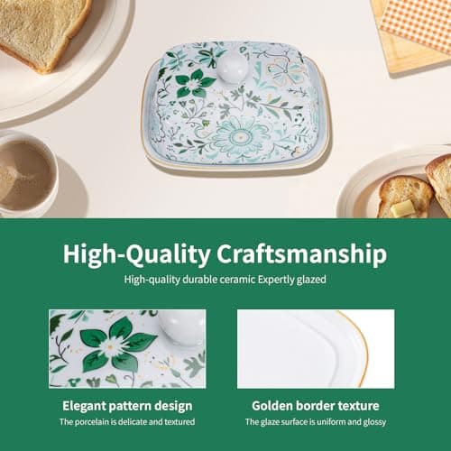 Butter Dish With Lid For Countertop-Ceramic Butter Dish with Knob Handle-Dishwasher Safe Butter Keeper&Serving Tray,Large Storage Keeper Holder for Kitchen-Elegant Gift for Women,Mothers,Housewarming 5