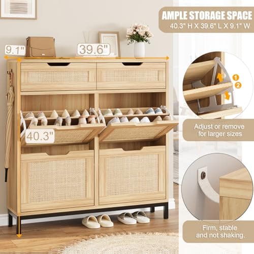 Shoe Cabinet Storage for Entryway Rattan Hidden Shoes Storage Cabinet Narrow Shoe Organizer with 4 Flip Drawers, Free Standing Wood Shoe for Foyer Hallway (Wood, 4 Flip Drawer) 6