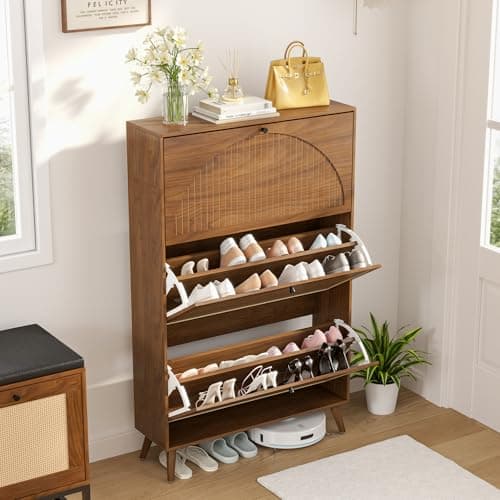 Fsbecl Shoe Storage Cabinet for Entryway with 3 Flip Drawers, Narrow Shoe Organizer with Fluted Panel, Freestanding Wood Hidden Shoe Cabinet for Hallway(Walnut, 31.4''W, Double Layer) 7