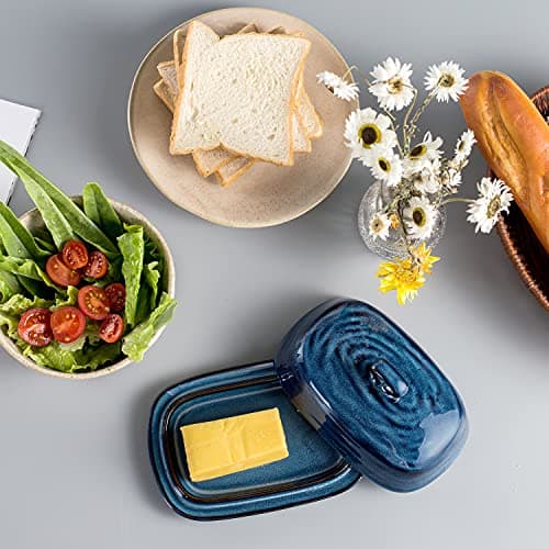 Hasense Butter Dish with Lid, Ceramic Butter Dish with Knife for Countertop with Covered, Large Butter Keeper Handle Design, Blue 7