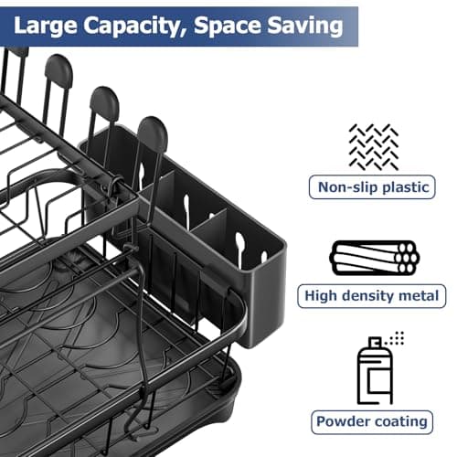 arshray Dish Drying Rack 2-Tier Dish Racks for Kitchen Counter, Adjustable Spout Auto-Draining Dish Rack, Large Capacity for Plates, Bowls, Cups, Tableware，Dish Drainer with Drainboard,Black 5
