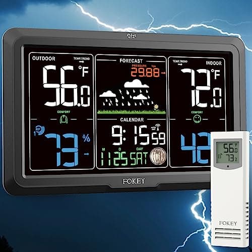 Fokey Weather Station Wireless Indoor Outdoor, Indoor Outdoor Thermometer Wireless Clock, Weather Stations Digital Home Gauge 7.6in Large Display Atomic Clock Temperature Humidity Phase, Black