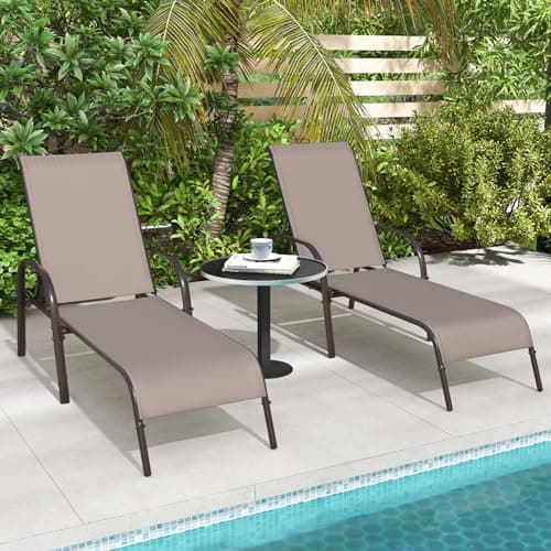 Giantex 2 Pack Patio Lounge Chair, Outdoor Chaise Lounge with 5 Adjustable Backrest, Sturdy Steel Frame, Sunbathing Recliner, Beach Chair, Tanning Chair for Outside, Yard, Balcony, Pool Chairs, Brown 6