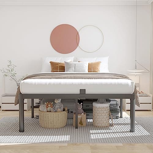 ROIL 14 inch Full Size Bed Frame with Headboard Hole and Round Corner Legs Mattress Retainers 3500LBS Heavy Duty Steel Slats No Box Spring Needed Platform Noise-Free Underneath Storage 5
