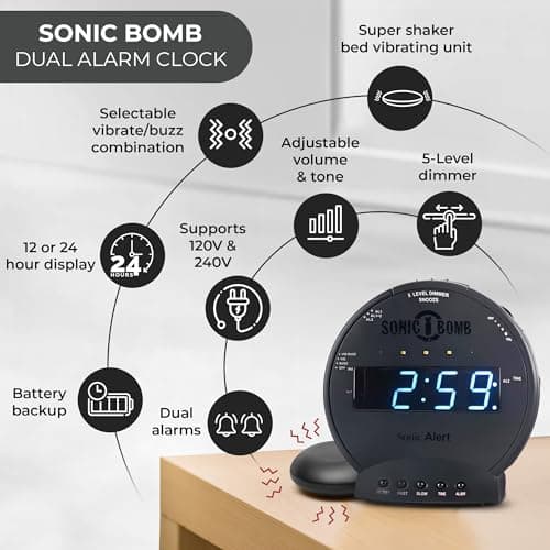 Sonic Alert Sonic Bomb Dual Alarm Clock with Bed Shaker, Black Vibrating Alarm Clock Heavy Sleepers, Battery Backup | Wake with a Shake 5