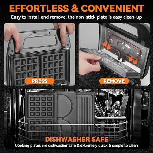 Baker’s Friend 3 in 1 Mini Waffle Maker with Removable Plates, Dual Waffle & Pancake and Grill Plates, Breakfast Sandwich Maker Press, Dishwasher Safe, Non-stick Coating, Graphite 6