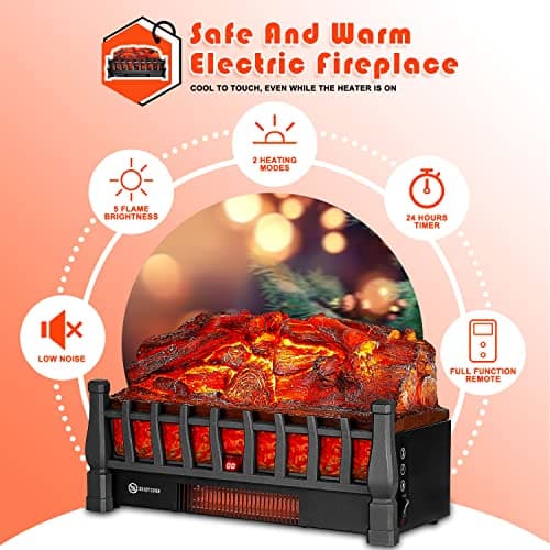 Electric Fireplace Log Insert Heater, up to 1500W Heating, 5 Flame Brightness Levels, 24-Hour Timer, Overheat Protection, Suitable for Home and Office Decoration, Black 6