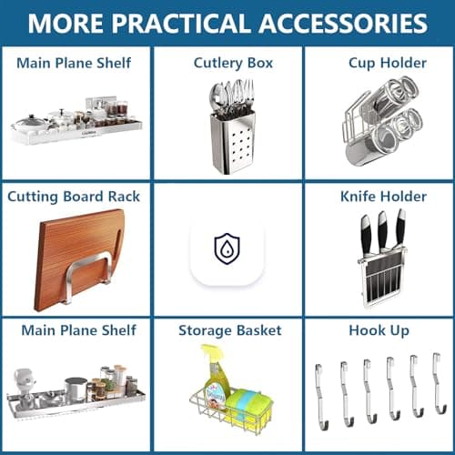 Loyalfire Over Sink Dish Drying Rack, 3 Tier Adjustable Length (20.87'' to 37.6'') Full Stainless Steel Large Storage Kitchen Dish Rack, Expandable Drainer Shelf Rack with Multifunctional Organizers 6