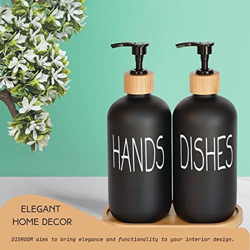 Glass Soap Dispenser Set. Hand and Dish with Bamboo Tray. Vintage Pump for Kitchen Drain Outlet Bathroom. Stylish Permanent Labels (Matte Black) 5