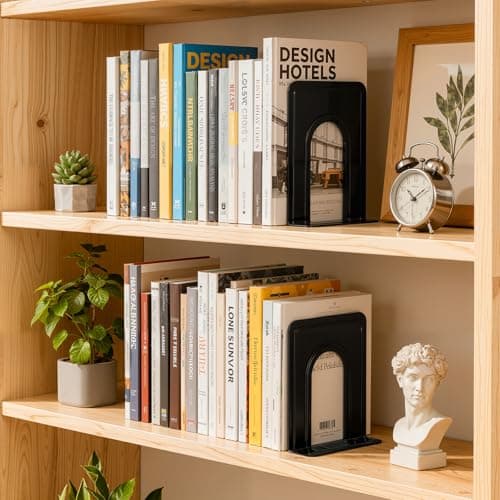 HappyHapi Book Ends, Metal Bookends for Shelves, Non-Skid Book End to Hold Books, Black Book Stopper/Holder for Office Home Kitchen, 5.7X 4.9 X 6.5 in, 3 Pair(6 Pcs, Large) 7