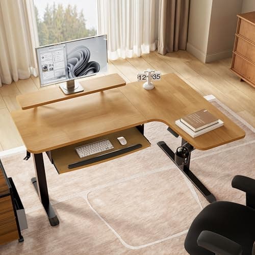 EUREKA ERGONOMIC L Shaped Standing Desk w Solid Wood Tabletop,61" Electric Corner Computer Desk, Adjustable Height Desk w Keyboard Tray,Dual Motor,LED Monitor Stand,Right/Oak 5