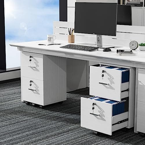 VINGLI 2 Drawer File Cabinet with Lock, Wood Grain White File Cabinets for Letter Size File Folders with Tabs, Mobile Under Desk Filing Cabinets for Home Office, Rolling Filing Cabinet Printer Stand 2