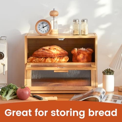 GHWIE Double Layer Bamboo Bread Box for Kitchen Counter,Large Capacity Bread Storage Bin,Bread Container with Acrylic Wavy Door Panel (Natural, Medium) 7