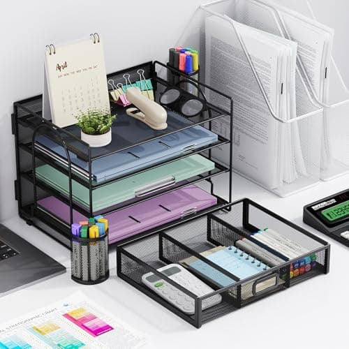 Marbrasse Desk Organizer and Accessories4-Tier Paper File Letter Tray Accessories & Workspace Desk Organizers with Drawer and 2 Pen Holders for School Home Office Supplies (Black) 7