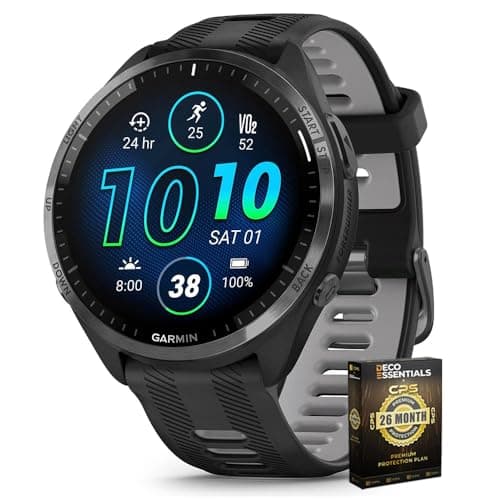 Garmin 010-02809-00 Forerunner 965 Running Smartwatch Black and Powder Gray Bundle with Deco Essentials Exclusive 26 Month CPS Enhanced Protection Pack