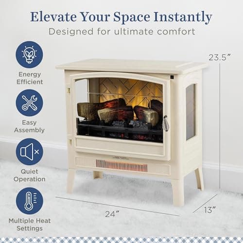 Country Living Infrared Freestanding Electric Fireplace Stove Heater in Cream | Provides Supplemental Zone Heat with Remote, Multiple Flame Colors, Metal Design with Faux Wooden Logs 6