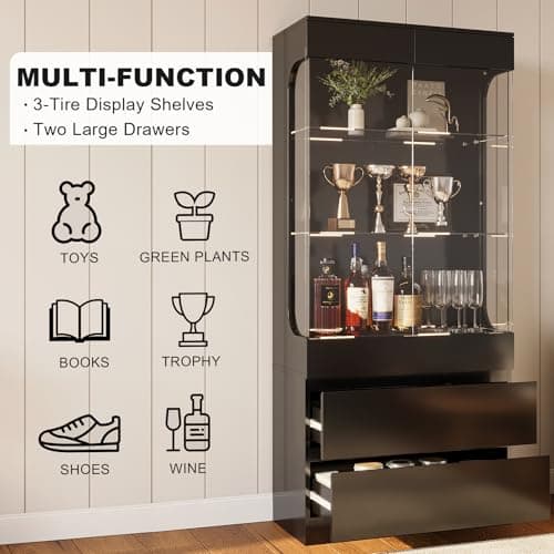 MEISSALIVVE Display Cabinet with Glass Doors, 3-Tier Display Case with 2 Drawers, 70.87''H Curio Cabinet with 7 Color Led Lights for Collectibles, High Gloss, Black 5