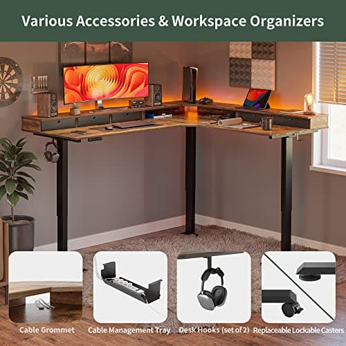 FEZIBO 75", 330lbs Load Capacity, L Shaped Standing Desk with Drawers, Reversible Electric Standing Gaming Desk Adjustable Height, Corner Stand up Desk with Splice Board, Black Frame/Rustic Brown Top 7