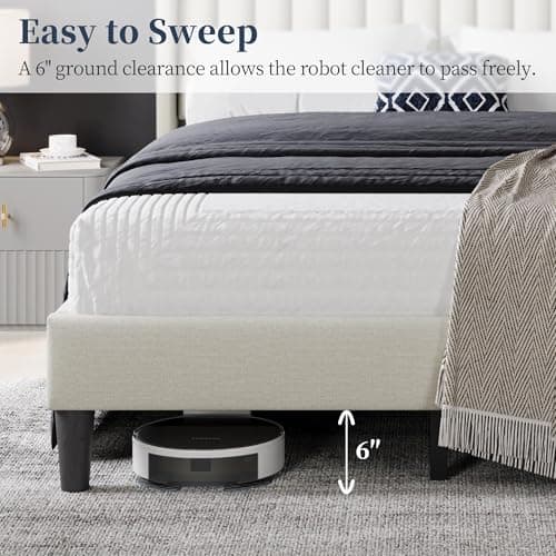 Yaheetech Full Bed Frame Upholstered Platform Bed with Fabric Headboard, Wing Edge Design/Non-Slip and Noise-Free/Wooden Slats Support/No Box Spring Needed/Easy Assembly, Ivory Full Bed 6