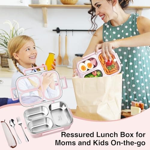 VACAID 25oz Stainless Steel Lunch Kit (Bento Box + Fork/Spoon) - 3 Leakproof Compartments - Food-Grade 18/8 Steel for Kids & Adults - School/Office/Travel Ready - Dishwasher Safe (Pink) 2