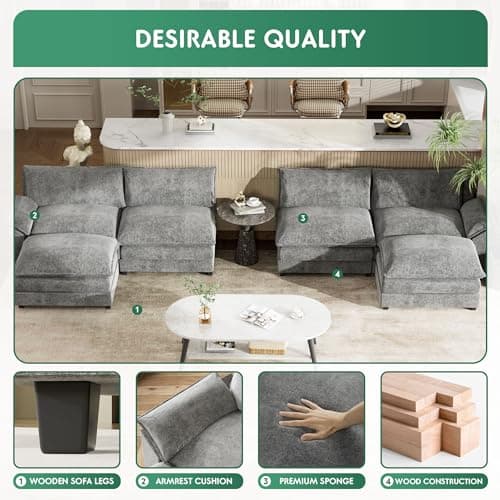 YESHOMY Sectional Modular Sofa U Shaped Chenille Fabric Couch with High Supportive & Soft Sponges and Removable Ottoman, Sleeper Comfy Upholstered Furniture for Living Room, Grey 6