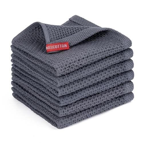 BOOMIBOO Kitchen Towels 6-Pack Kitchen Dish Cloths,100% Cotton Towels Waffle Weave, Ultra Soft Absorbent, Quick Drying, 12x12 Inches,Dark Grey