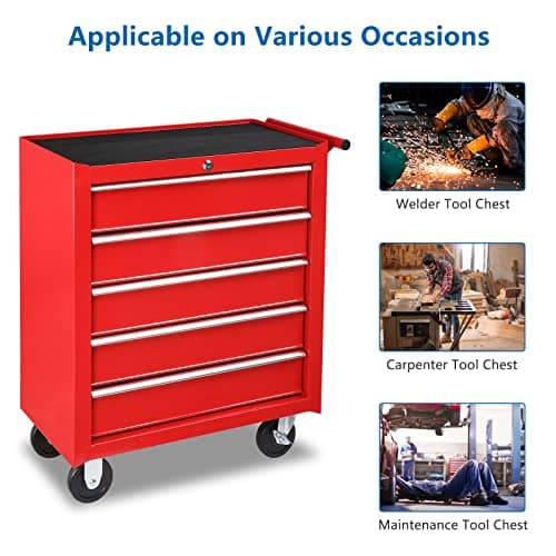 TUFFIOM 5-Drawer Rolling Tool Chest w/Drawers & Lock, Tool Storage Cabinet with Lockable Wheels, Top Cushion & Drawer Liners, Tool Organizer Box for Garage, Warehouse & Repair Sho 8