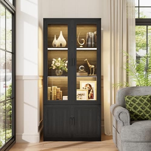 BROTTAR Display Cabinet with Acrylic Doors, 67" Tall Curio Cabinet with Storage and Shelves, Bookcase with 3 LED Lights, Trophy Case with Human Body Sensor for Books, Toys, Collections, Black 6