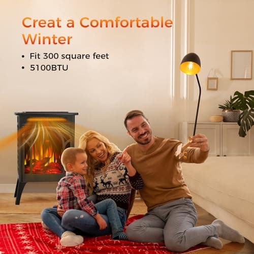 Electric Fireplace Stove, 1500W, Fast Heating, X Infrared Fireplace Heater with Remote Control, 8H Timer, Freestanding Stove with Adjustable 3D Flame Overheat Protection, Indoor Fireplace 6